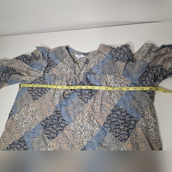 Time and Tru Large (12-14) Womens Blue Beige Paisley Patchwork Long Sleeve Top - Picture 7 of 10